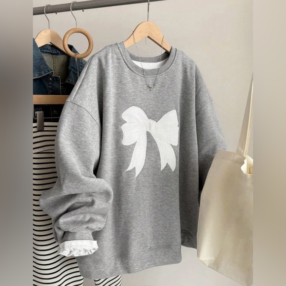 Dazy Tops - Dazy Gray Sweatshirt with White Bow Detail